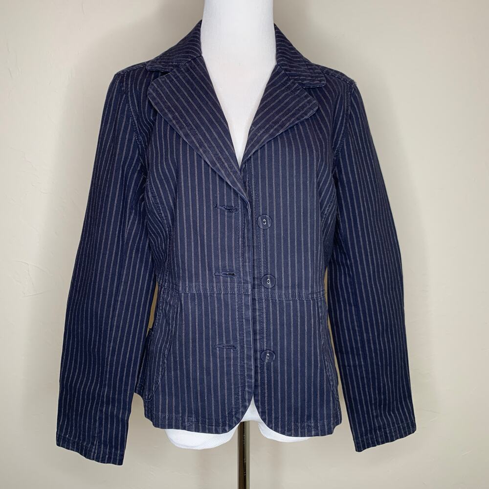 Navy Blue Cotton Casual Blazer Tan Stripes Sz Medium